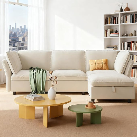 IDEALHOUSE 97 Modular Sectional Sofa L-Shaped Modular Couch with Storage 4-Seater Comfy Cloud Couch with Movable Ottoman Deep Seat Modern Sectional Couches for Living Room Bedroom Beige