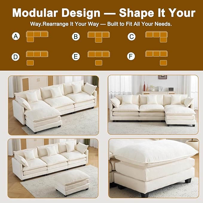 111.4 Modular Sectional Sofa｜Comfy Cloud Couch with Movable Ottoman Deep Seat｜Chenille L Shaped Modular Sofa Sectional Couches for Living Room Bedroom and Apartment｜Beige