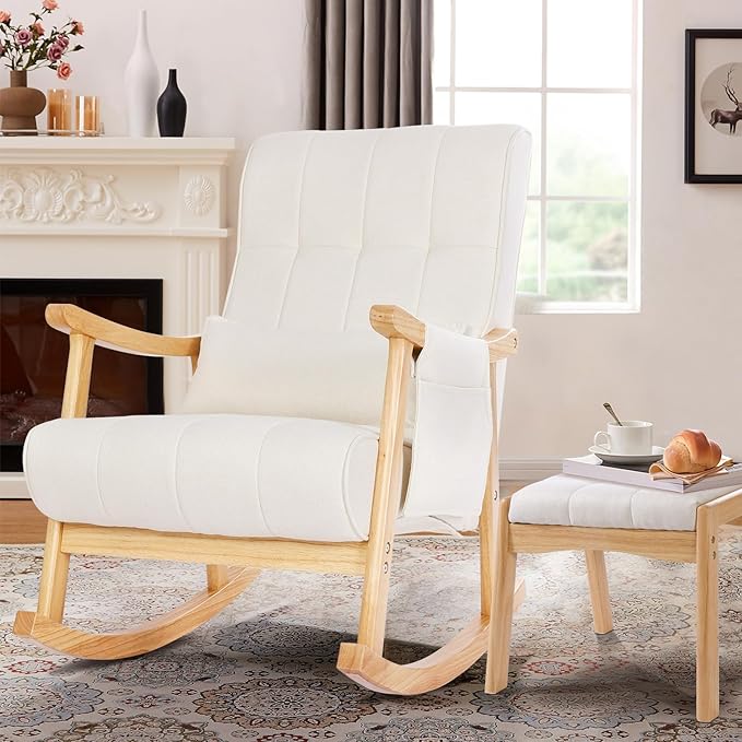 NOBLEMOOD Upholstered Rocking Chair with Ottoman Modern Indoor Nursery Glider Rocker Chair Solid Wood High Back Armchair with Fabric Padded Seat for Living Room Bedroom