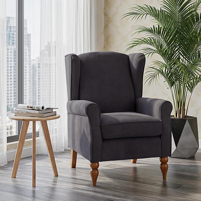 Modern Wingback Living Room Chair Upholstered Accent Armchair Single Sofa Chair with Lounge Seat and Wood Legs for Office/Bedroom/Reading Spaces Dark Grey