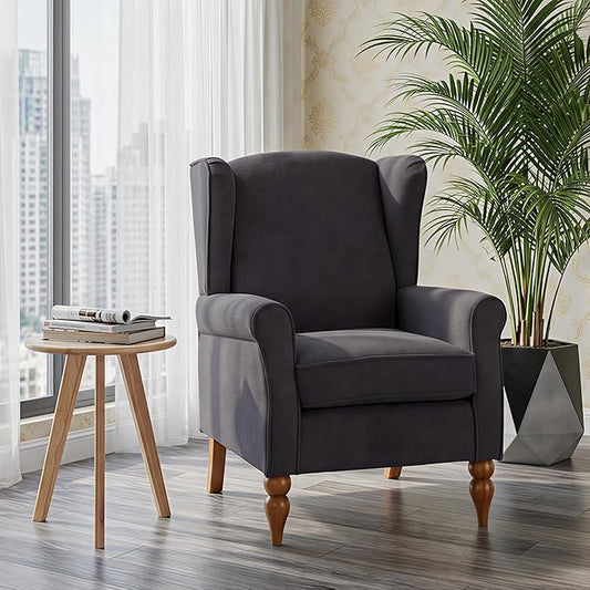 Modern Wingback Living Room Chair Upholstered Accent Armchair Single Sofa Chair with Lounge Seat and Wood Legs for Office/Bedroom/Reading Spaces Dark Grey