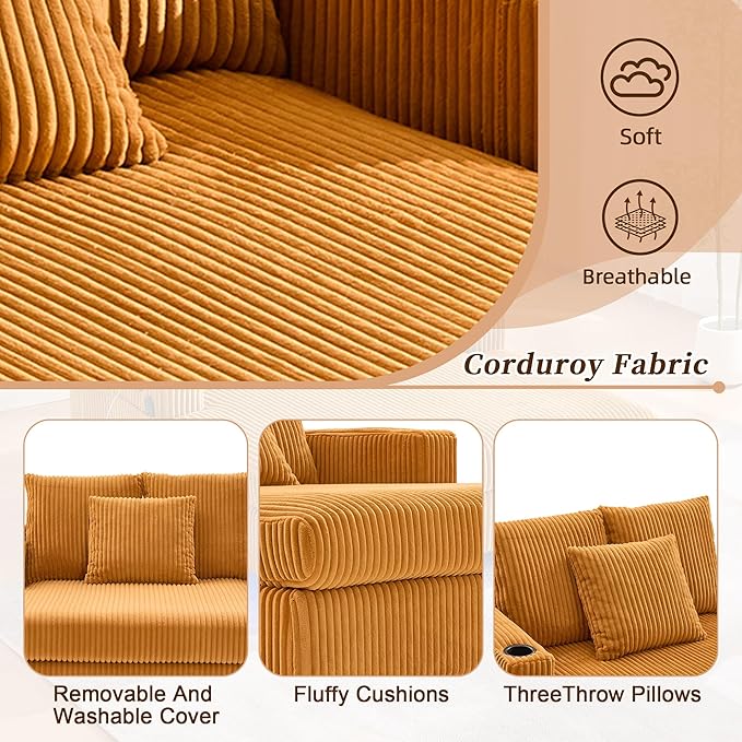 SLEERWAY Modern Corduroy Chaise Lounge Sofa Indoor- 55.9 Comfy Oversized Couch Bed with USB Ports Cup Holder Side Pocket Lights 3 Throw Pillows Lazy Recliner Chairs Living Room (Yellow)