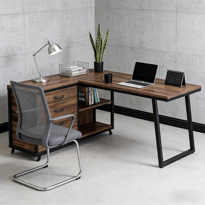 Computer Desk with 5 Drawers 47 Inch Reversible L-Shaped Executive Office Desk with File Storage Drawers Industrial Study Writing Table Corner Desk for Home Office (Rustic Brown)