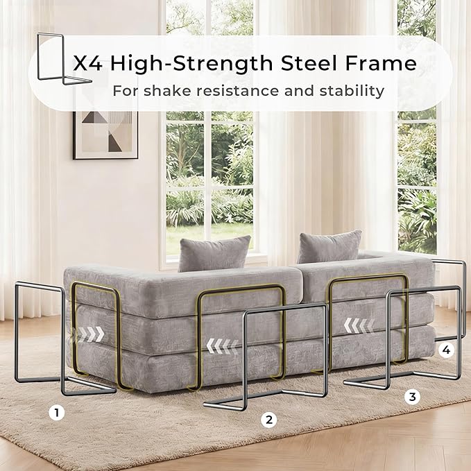 WELAX 77 Convertible Sleeper Sofa Bed Boneless Cloud Queen Futon Couches with 2 Pillows &amp Removable Armrests Chenille Folding Floor Couch No Assembly for Bedroom Living Room Light Grey