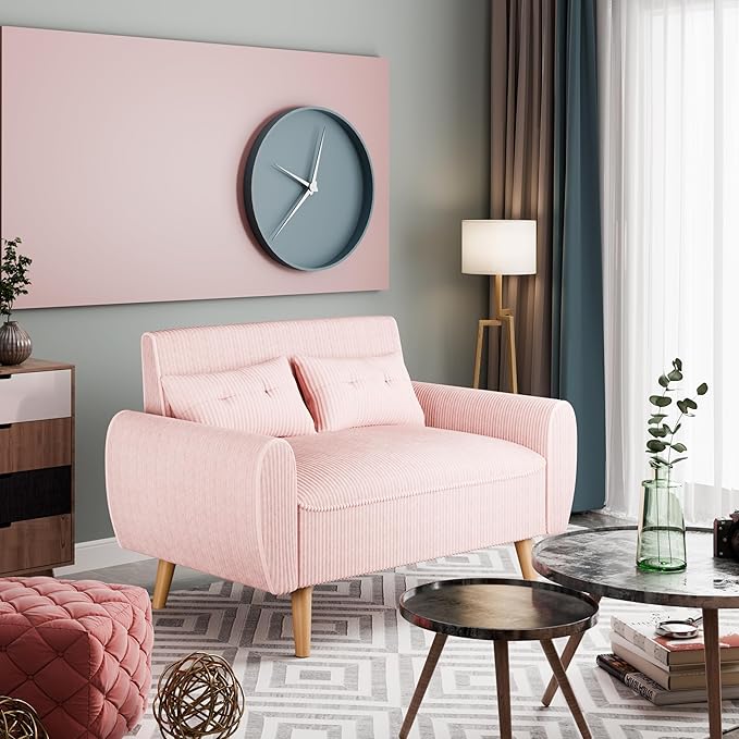 Vongrasig 47 Small Modern Loveseat Sofa Mid Century Soft Corduroy Fabric 2-Seat Sofa Couch Tufted Love Seat with Back Cushions and Tapered Legs for Living Room Bedroom and Small Space (Pink)