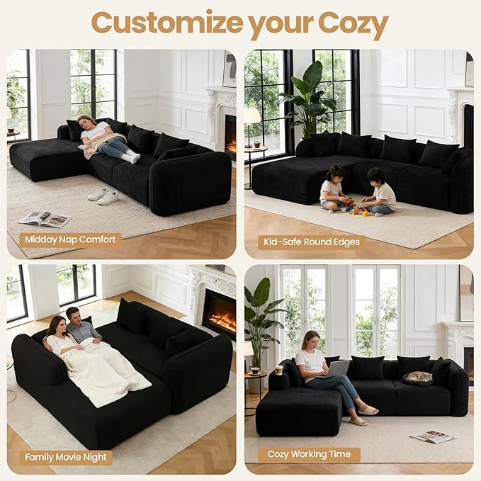 117’’ Chenille Fabric Boneless Couches for Living RoomModular Sectional Cloud Sofa |Fluffy Chenille Deep Seat No-Assembly Memory Foam Comfy Cloud Couch with L-Shaped Chaise (Black)