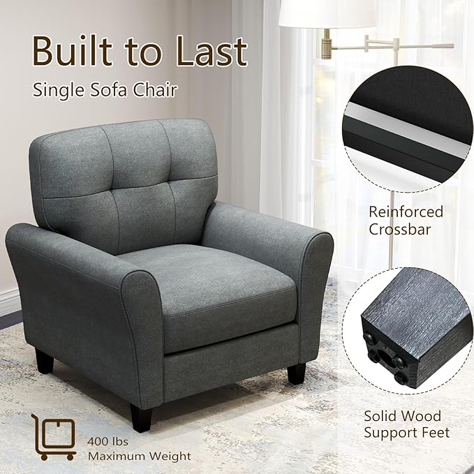 KOMFOTT Upholstered Accent Chairs Set of 2 Mid-Century Modern Living Room Chairs Linen Fabric Armchair with Tufted Back Non-Slip Foot Pads Single Sofa Chairs Reading Chairs for Bedroom Grey