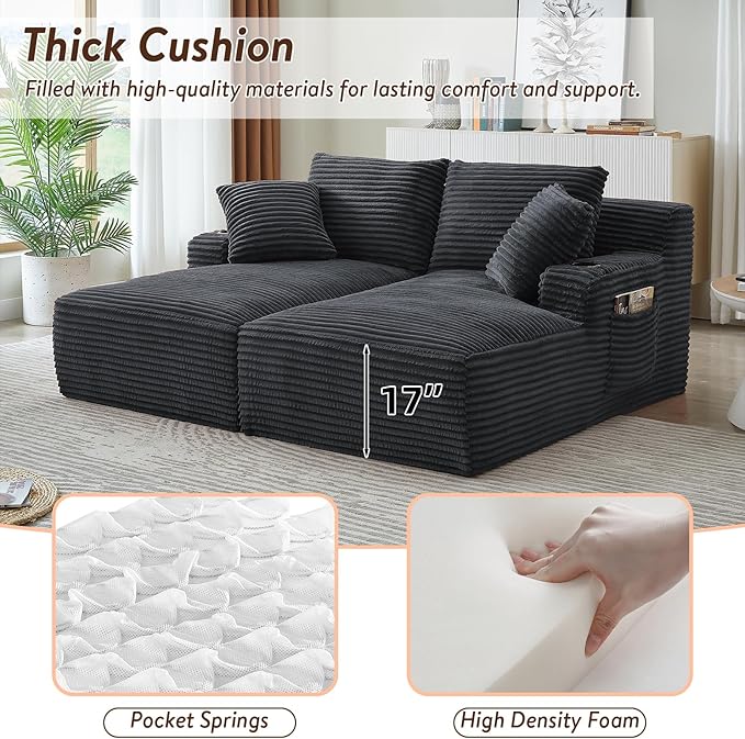 Oversized Double Chaise Lounge Chair Indoor Fluffy Upholstered Corduroy Sofa Bed with Throw Pillows Comfy Sleeper Deep Seat Sectional Loveseat Sofa Couch for Living Room (Dark Gray)