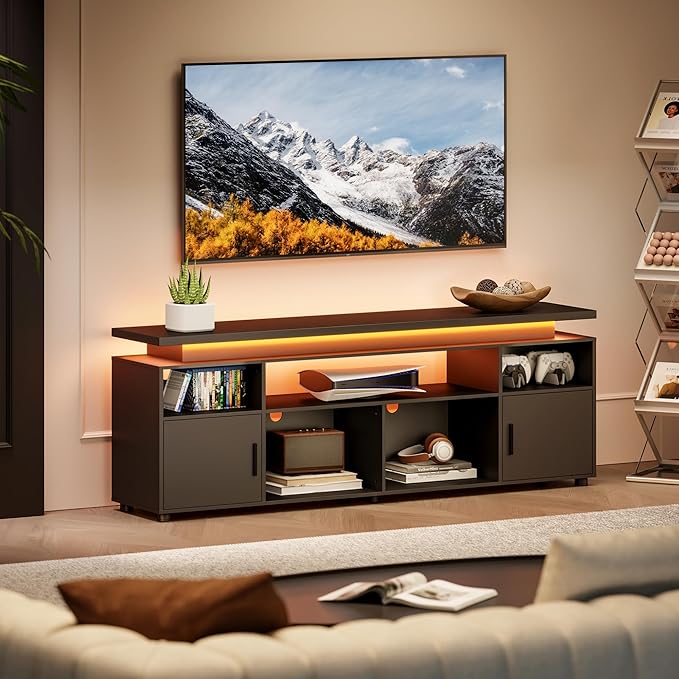 SUNCOZE TV Stand Entertainment Center with LED Lights and Cabinet for 70/75/80 Inch TV Modern TV Console Gaming Media Television Stands with Power Outlets for PS5 in Living Room and Bedroom Black