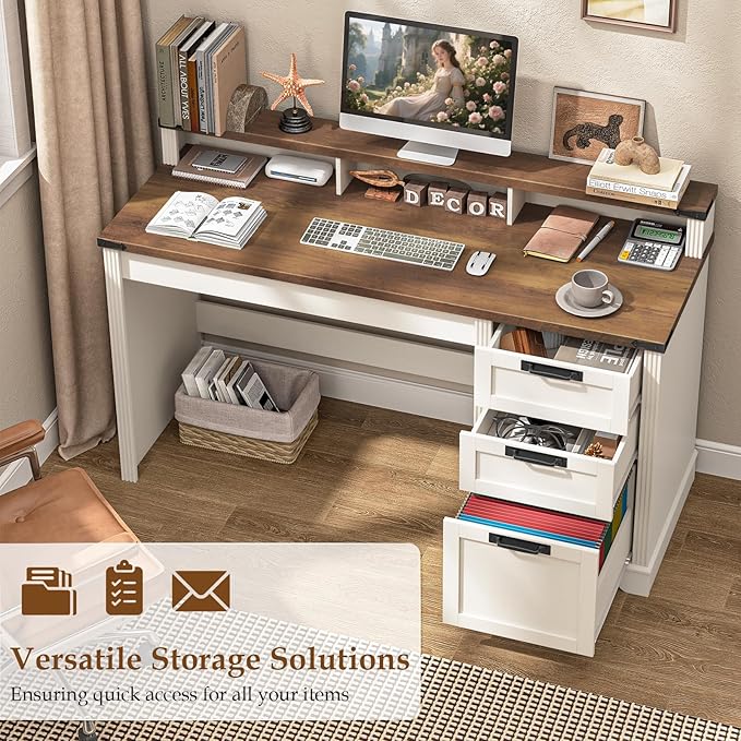 Vabches 55 Farmhouse Executive Desk with 3 Drawers Wooden Computer Desk with Keyboard Tray Home Office Desk with File Drawer (Fits A4 Size) for Work and Study White and Brown