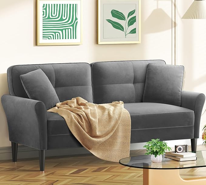 Loveseat Sofa 69 Love Seat Couches Comfy Velvet Small Sofa Couch for Bedroom with 2 Pillows Tool-Free Setup Sofas &amp Couches 700lb Load Sofas for Living Room Mini Couch for Bedroom Grey Couc