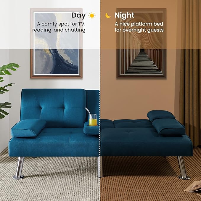 Yaheetech Convertible Sofa Bed Adjustable Fabric Couch Sleeper Modern Recliner Reversible Loveseat Folding Daybed Guest Bed Removable Armrests Cup Holders 3 Angles 772lb Capacity Aqua Blue