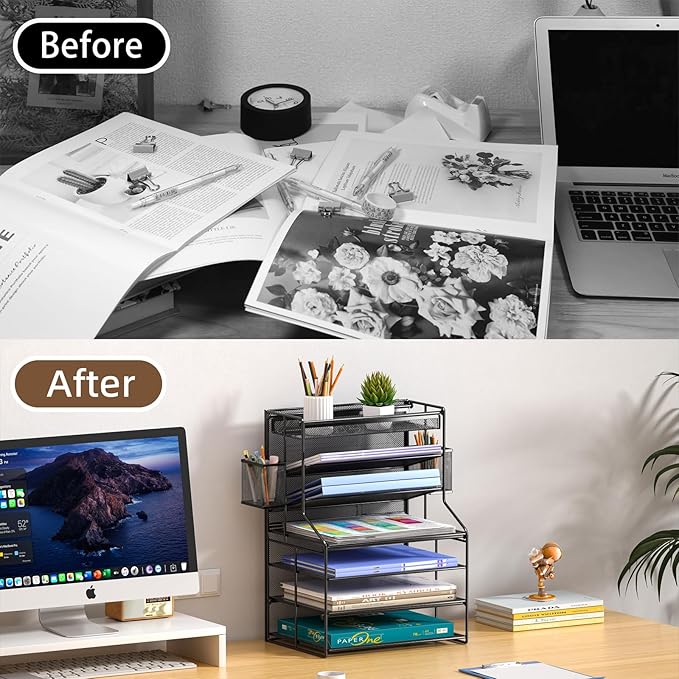7 Tier Desk File Organizer – Vertical File Organizer for Desk with Removable Pen Holder &amp Adjustable Pull-out Drawer – Metal Document Organizer for Office Simple Trending Design – Black
