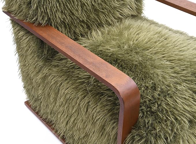 Comfortable Faux Fur Reading ChairModern Luxury Accent Chair Side Chairs with Curved Wooden Armrests for ApartmentLiving RoomOfficeStudyGreen