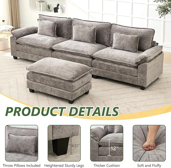 120 L Shaped Couch Modular Sectional Sofa Cloud Couch with Movable Ottoman Modern Chenille Deep Seat Sleeper Sofa with Throw Pillows for Living Room and Apartment (Grey 4-Seat)