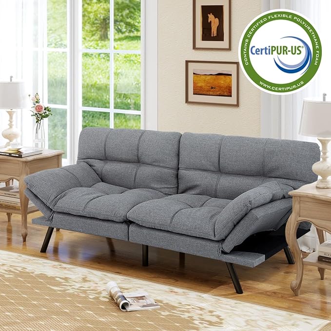 MUUEGM 71” Convertible Futon Sofa Bed Upholstered Small Futon Couches with Adjustable Backrest Loveseat Sleeper Bed for Compact Living Room Studio Office (Light Grey)