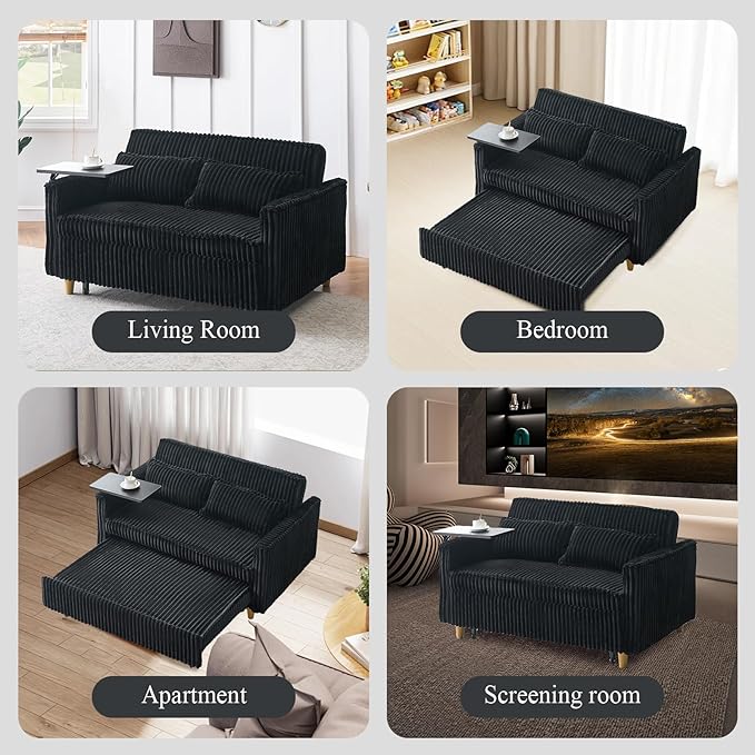 3 in 1 Pull Out CouchCorduroy Upholstered Convertible Sleeper Sofa Bed with Movable Side Table Modern Multifunctional Sofa with USB Port Cushioned Couch for Living Room (Black)