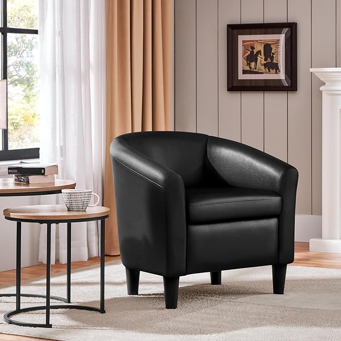 Topeakmart Faux Leather Club Chair Modern Accent Chair and Cozy Barrel Armchair with Sturdy Legs for Living Room Bedroom Reception Room Black