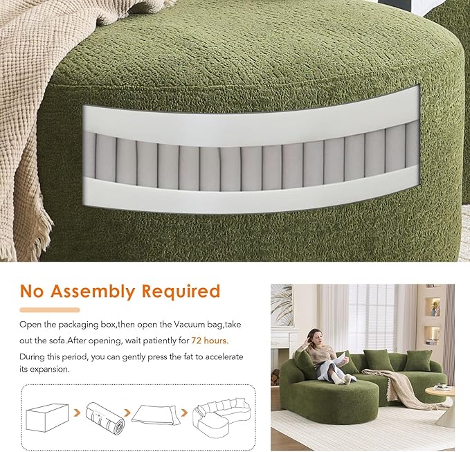 Curved Sectional Sofa Couch Oversized L Shape Deep Seat Cloud Couch Modern Chenille 4-Seater Sofa with Chaise No Assembly Required Couches for Living Room Apartment Office Green