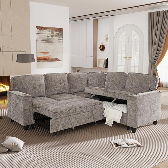 ERYE L-Shaped Symmetrical Sleeper Sectional Sofa W/Pull Out Sleeper Couch Bed and Storage Seat for Living Room Chenille Tufted Corner Convertible Sofa Bed with USB-C Ports