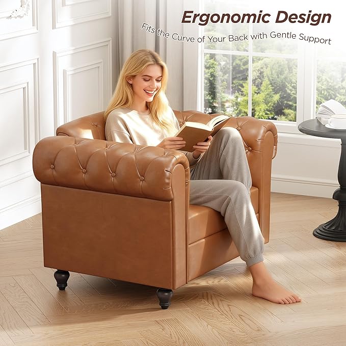 Brown Faux Leather Accent Chairs Button-Tufted Upholstered Club Chair Retro Armchairs Mid Century Modern Accent Chair with Solid Wood Legs Cozy Chesterfield Couch Chairs for Living Room Bedroom