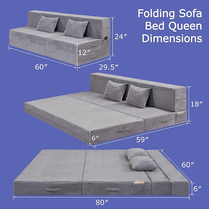 Folding Sofa Bed 4 in 1 Convertible Sleeper Chair with Pillow Queen Memory Foam Fold Out Chair Bed Modern Floor Futon Sofa Couch Mattress for Living Room/Guest/Apartment Light Gray