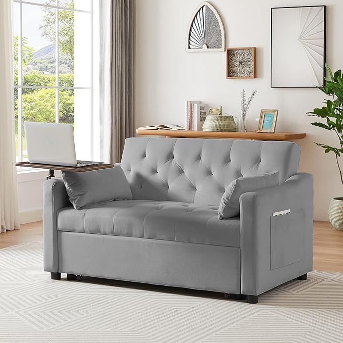 3-in-1 Convertible Sleeper Sofa Bed Pullout Couch with 360° Swivel Side Table Modern Chenille Fabric Easy to Assemble Folding Loveseat Sofa Bed for Living Room &amp Guest Room