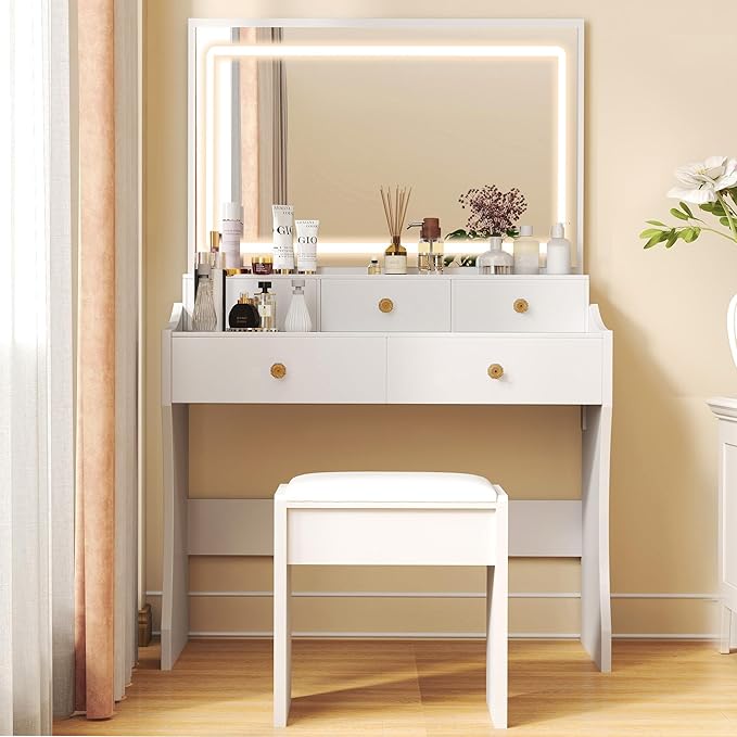 COMHOMA Makeup Vanity Desk with Mirror and Lights Vanity Table and Chair Set with 5 Drawers and Charging Station Bedroom Dresser LED Mirror Stepless Dimmable &amp 3 Color Modes Adjustable Pearl Wh