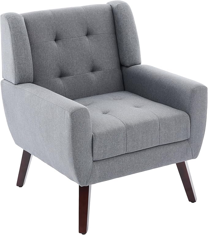 Accent Chair Comfy Mid Century Modern Small Armchairs with Solid Wood Frame and Soft Cushion for Living Room Bedroom (Fabric Grey Set of 2)