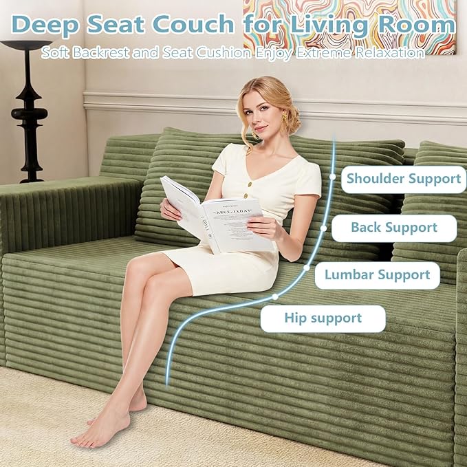 71Cloud Loveseat SofaModern 2-Seater Boneless Couch with 3 Pillows &amp Side PocketSoft Corduroy Love seatCompressed FoamDeep SeatNo Assembly for Living RoomBedroomApartment(Flat HandrailGre
