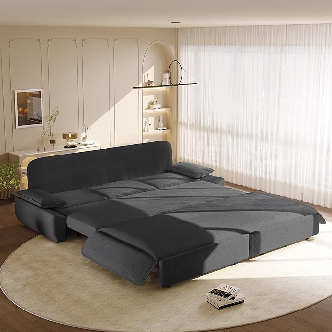 94.5‘’ King Size Sleeper Sofa Bed 3-in-1 Corduroy 3-Seater Sofabed Pull-Out Couch Upholstered Cloud Pullout Futon Space Saving for Living Room Gray