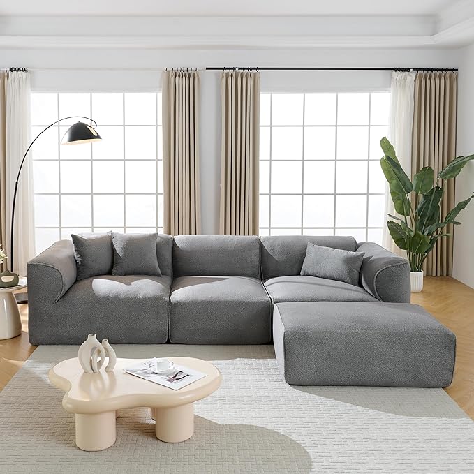 Luxury Living Room Double-Needle Cut Velvet Sofa 4-Seater with Pure Sponge Seat Cushions A Detachable Footstool and 3 Throw Pillows L Shaped Polyester Sofa for Living Rooms (Gray-EK99)