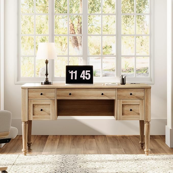 WAMAPT Farmhouse Executive Desk with 5 Drawers Home Office Desk with Charging Station Wood Computer Desk with File Cabinet Storage Door Open Shelf for Work and Study Oak 55 inch