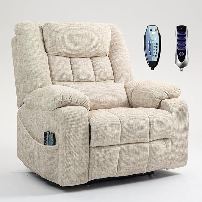 4 Motor Power Lift Recliner Chair for Elderly Oversized Lay Flat Recliner with Massage Heat Adjustable Headrest Hidden Cup Holders Zero Gravity Big and Tall Recliners Cream