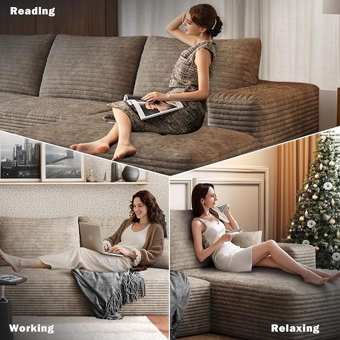 Oversized Corduroy Sectional Boneless Couch 108 W U Shaped Modular Sectional Sofa with Chaise/Ottoman No Assembly Required Compress Couches for Living Room (Camel 3 seater+Ottoman+Left Chaise)