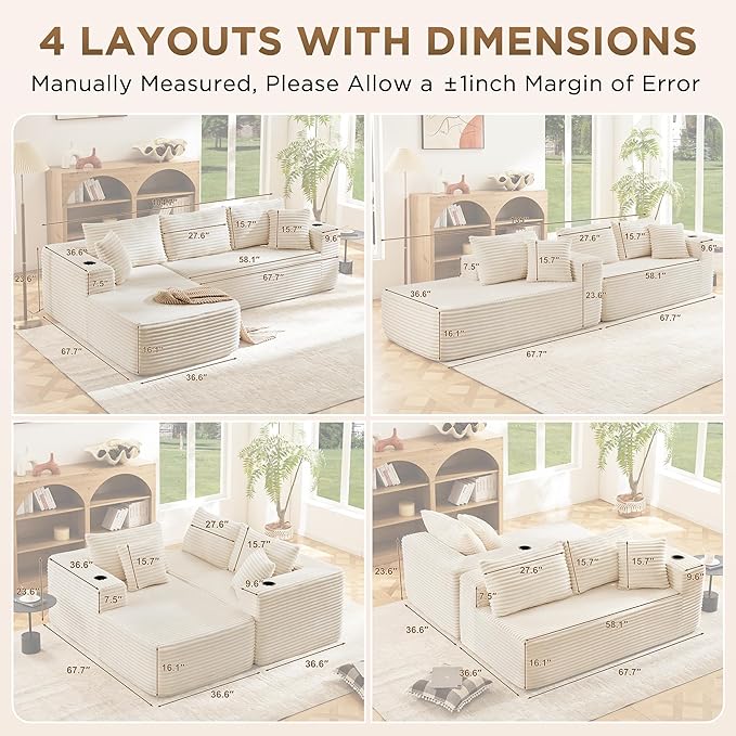 Modular Compressed Sectional Sofa Set – Velvet Corduroy Upholstery Convertible Couch with Cup Holders and Pillows for Living Room Beige