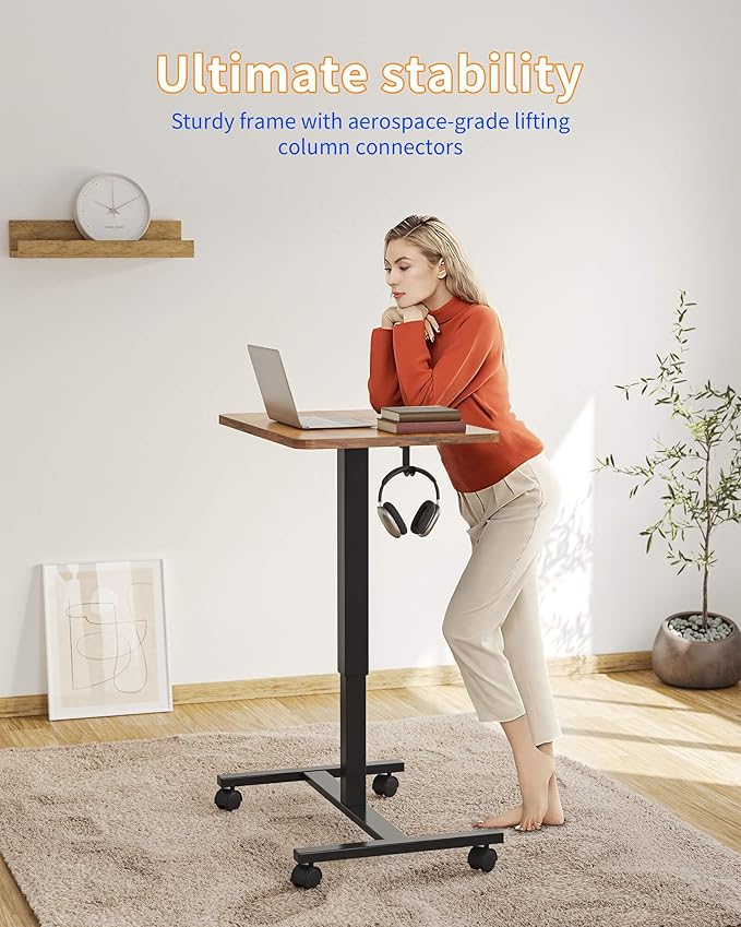 YIHAYO Mobile Small Standing Desk 24 x 16 Inches Adjustable Height Portable Rolling Laptop Desk with Lockable Wheels Computer Workstation for Home Office with Hook Rustic Brown