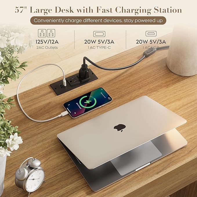 Yechen Executive Desk with 5 Drawers 57 Modern Rattan Home Office Desk with Charging Station File Drawer Farmhouse Boho Computer Writing Desk for Study Work Walnut Brown