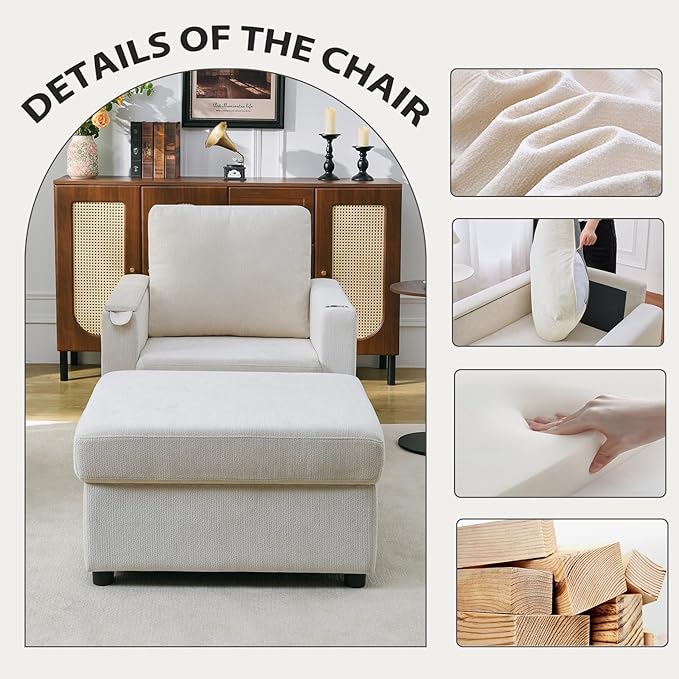 Modern Accent Chairs with Storage Ottoman Set Comfy Chenille Reading Armchair with Tray Table and Charging Port Chaise Lounge Chair for Living Room Bedroom Study Apartment Beige