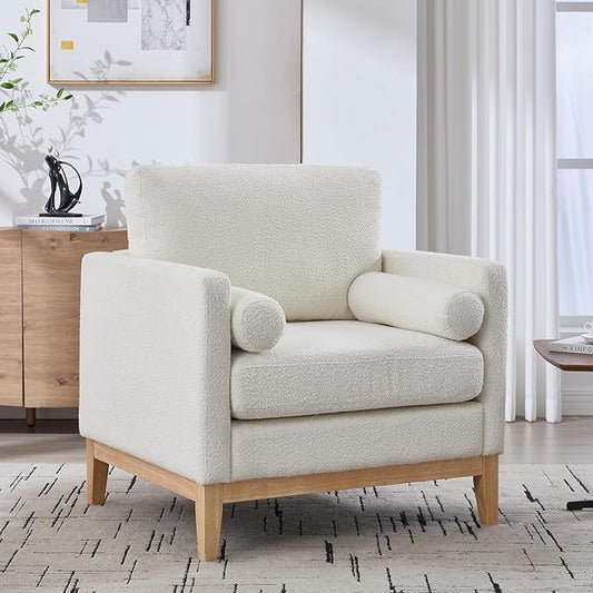 35.4 Ivory Boucle Modern Accent Chair with Wood Legs - Pocket Spring Foam SeatBolster PillowsEasy Assembly Reading Armchair Single Sofa for Living Room &amp OfficesLounge (Ivory+Natural Legs)