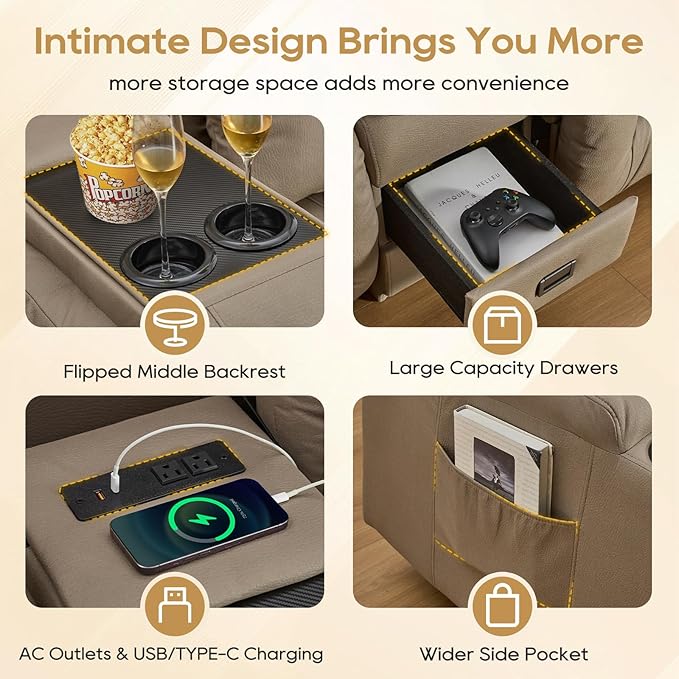 IPKIG 68 Loveseat Recliner Sofa - 3 Seater Reclining Sofa with Flip Middle Backrest Versatile Power Outlet Storage Drawer Cup Holders Lumbar Pillows Manual Recliner (Khaki 68 Loveseat)