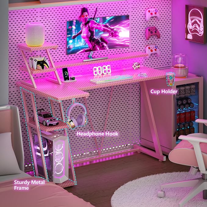 47 Inch Pink Gaming Desk with LED Lights &amp Power Outlet Gaming Computer Desk with Storage Shelves L Shaped Gamer Workstations with Monitor Stand for Bedroom