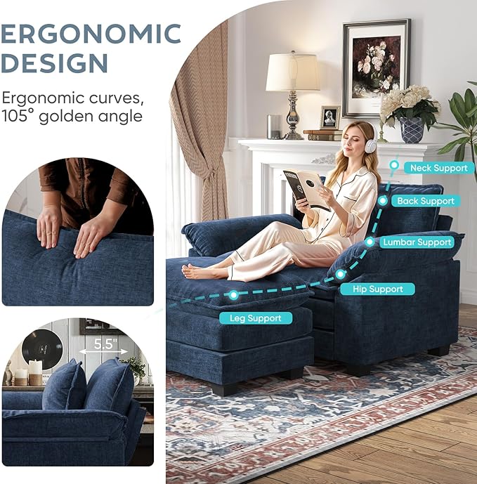 CDCASA Oversized Accent Chair with Ottoman Chenille Comfy Cloud Sofa Chair with Large Seat and Upholstered Armrests Modern Extra Wide Armchair for Bedroom Living Room Blue
