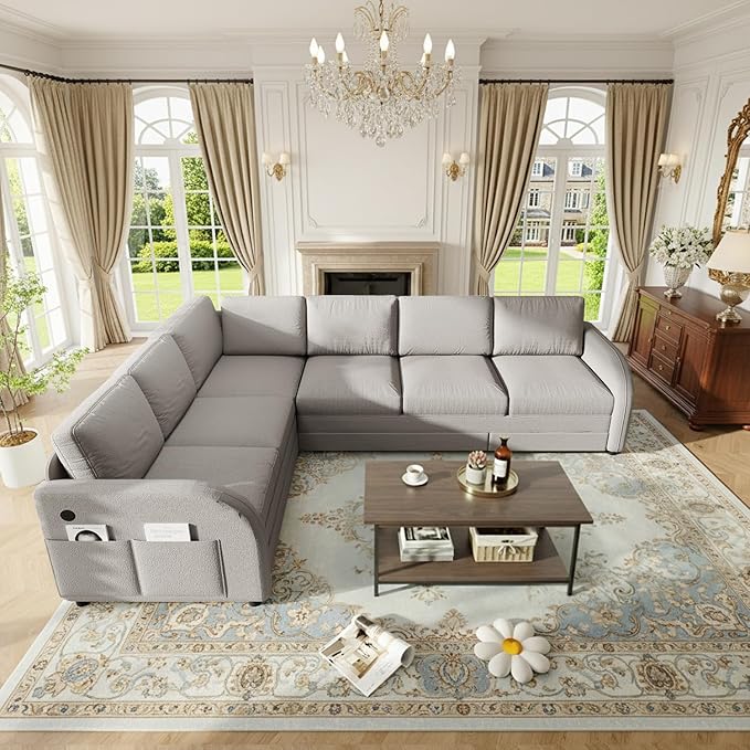 115.2 L Shaped Couch Bed Sectional Couches for Living Room Teddy Fabric Sleeper Sofa Bed with Pull Out Couch Convertible Sectional Couch with Charging Station &amp Side Pocket Light Grey