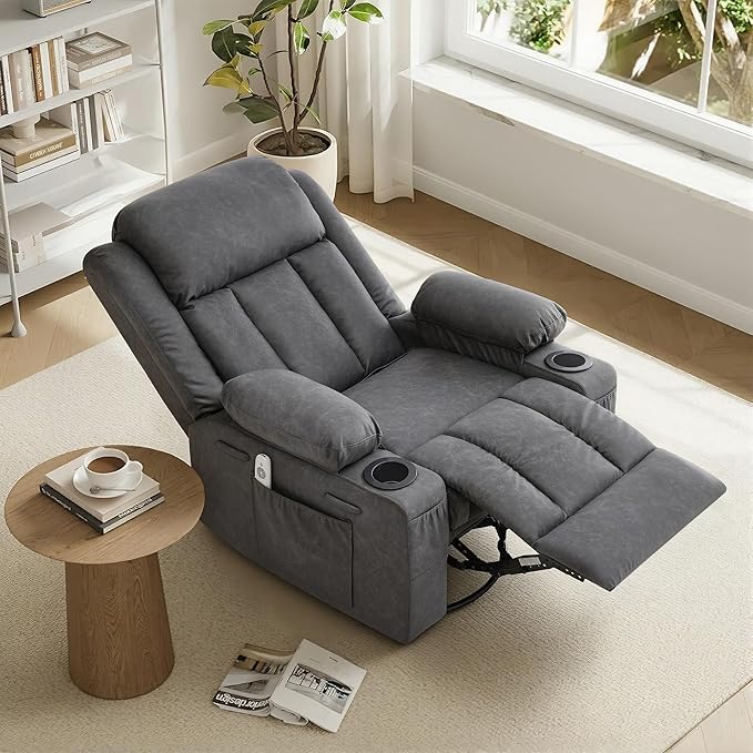 Rocker Recliner Chair with Heat and Massage360°Swivel Recliner Chair for Adults ElderlyOversized Recliner Single Sofa Seat with 2 Cup Holders and Side Pocket (Grey)