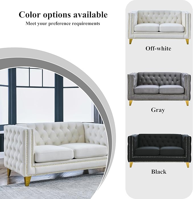 58 Chesterfield Velvet 2-Seater Sofa for Living RoomLoveseat Tufted Couch with Rolled Arms Nailhead and Two Pillows for Living RoomBeige