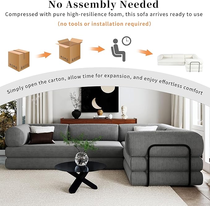 Merax L-Shaped Modular Sofa Bed in Corduroy Fabric Convertible Sleeper Sofa Bed 4 Seat Floor Couch for Living Rooms and Apartments No Assembly Required Gray