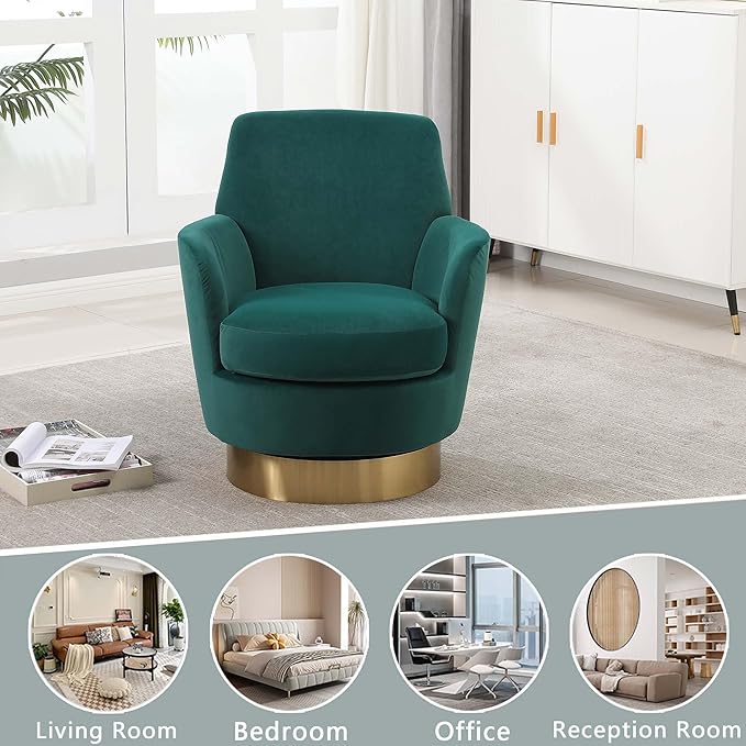 Velvet Swivel Accent Chairs for Living RoomComfy Swivel Barrel Chair with Foam Cushion Round Swivel Chair &amp Boucle Swivel Chair with High Back Round Armrest Gold Base (Green)