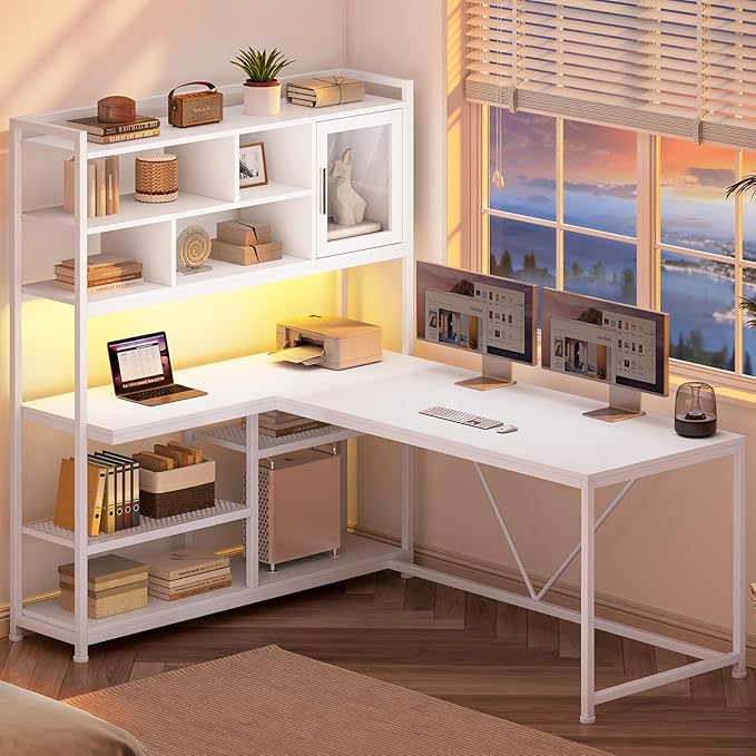 SEDETA L Shaped Computer Desk 58'' Office Desk with LED Light and Bookshelf L Shaped Corner Desk with Storage Shelves for Home Office Gaming Desk L Desk White
