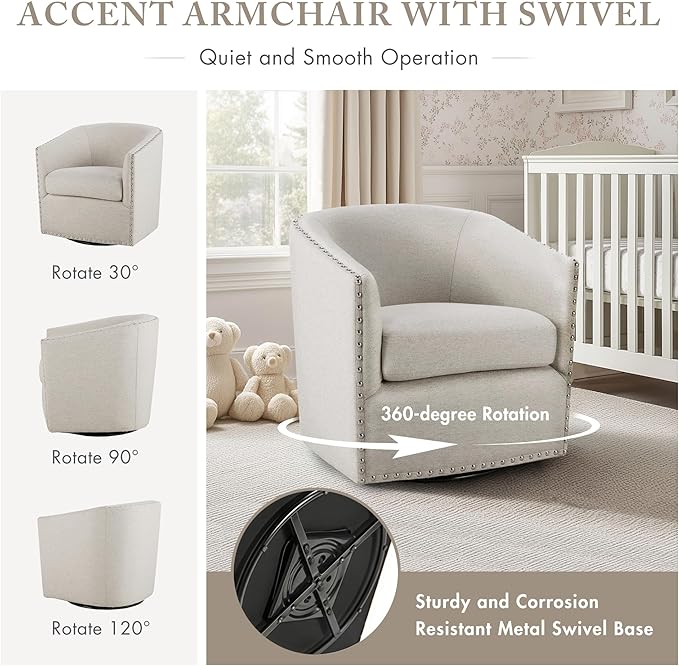 Madison Park Swivel Barrel Accent Chair Upholstered Curved Back with 7-Inch Thick Woven Cushion 360° Swivel Nailhead Trim Comfy Chair for Living Room Bedroom Office 28 Wide Neutral Tyler